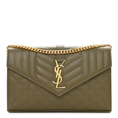 Saint Laurent Grain De Poudre Mixed Matelasse Triquilt Monogram Chain Wallet Kaki 1 of 9