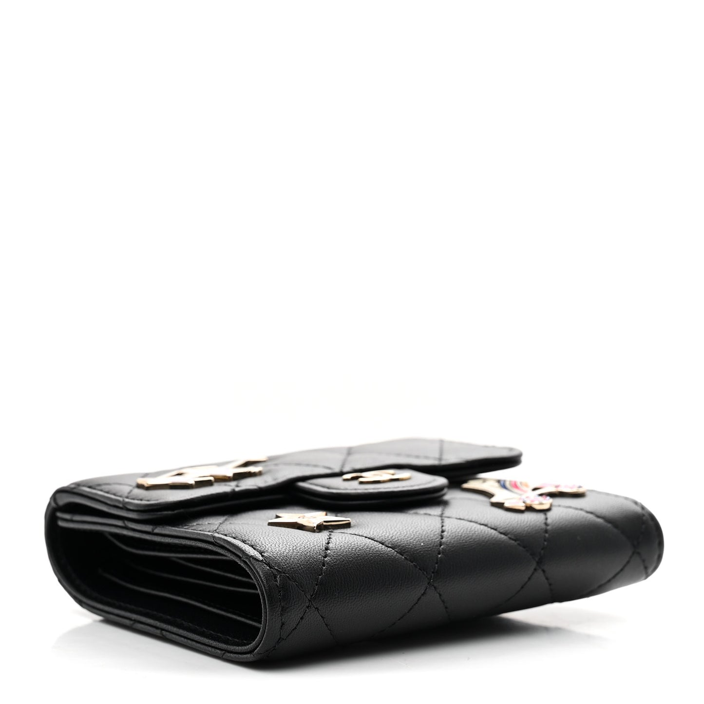 Lambskin Enamel Quilted Roller Skate Compact Flap Wallet Black
