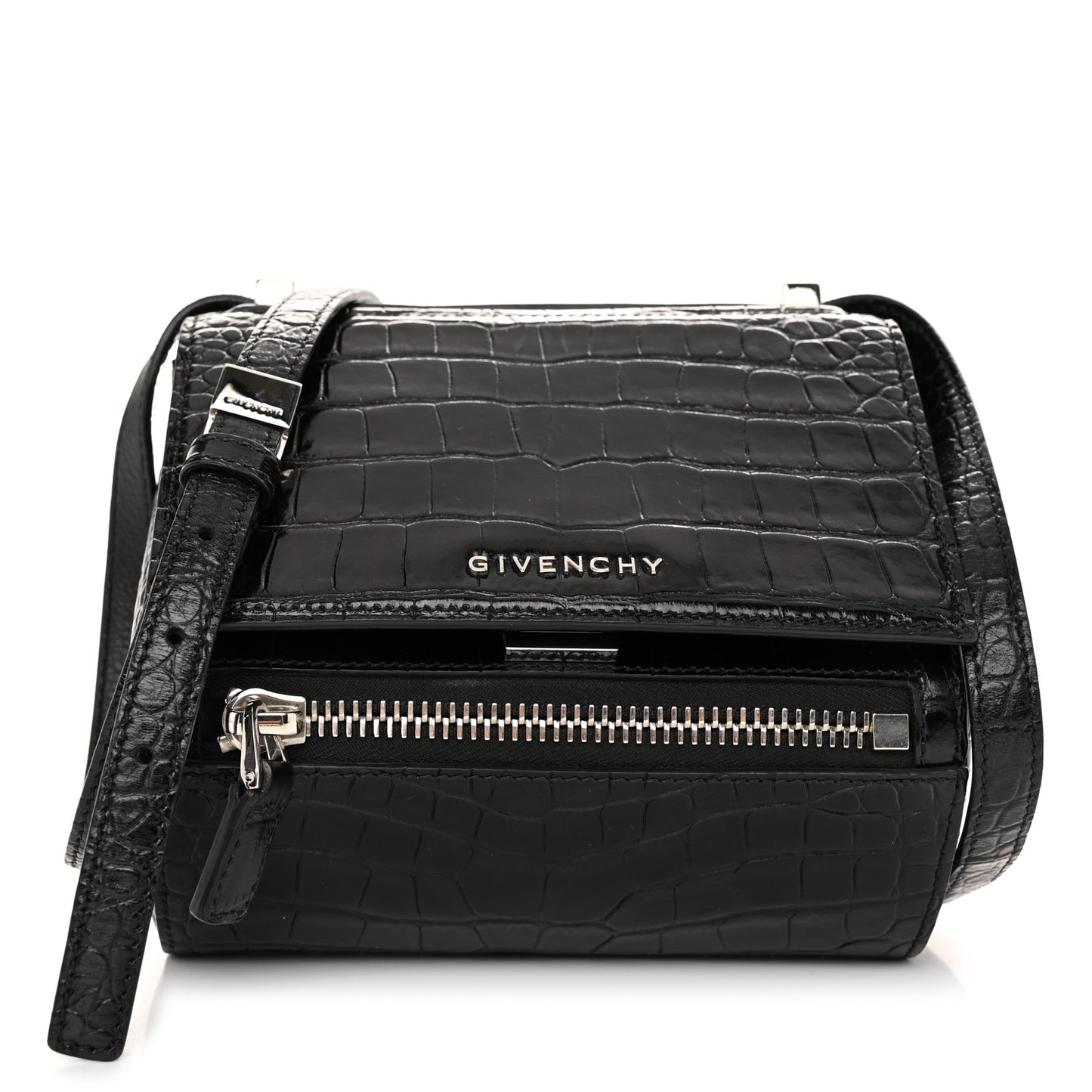 Calfskin Crocodile Embossed Mini Pandora Box Crossbody Bag Black