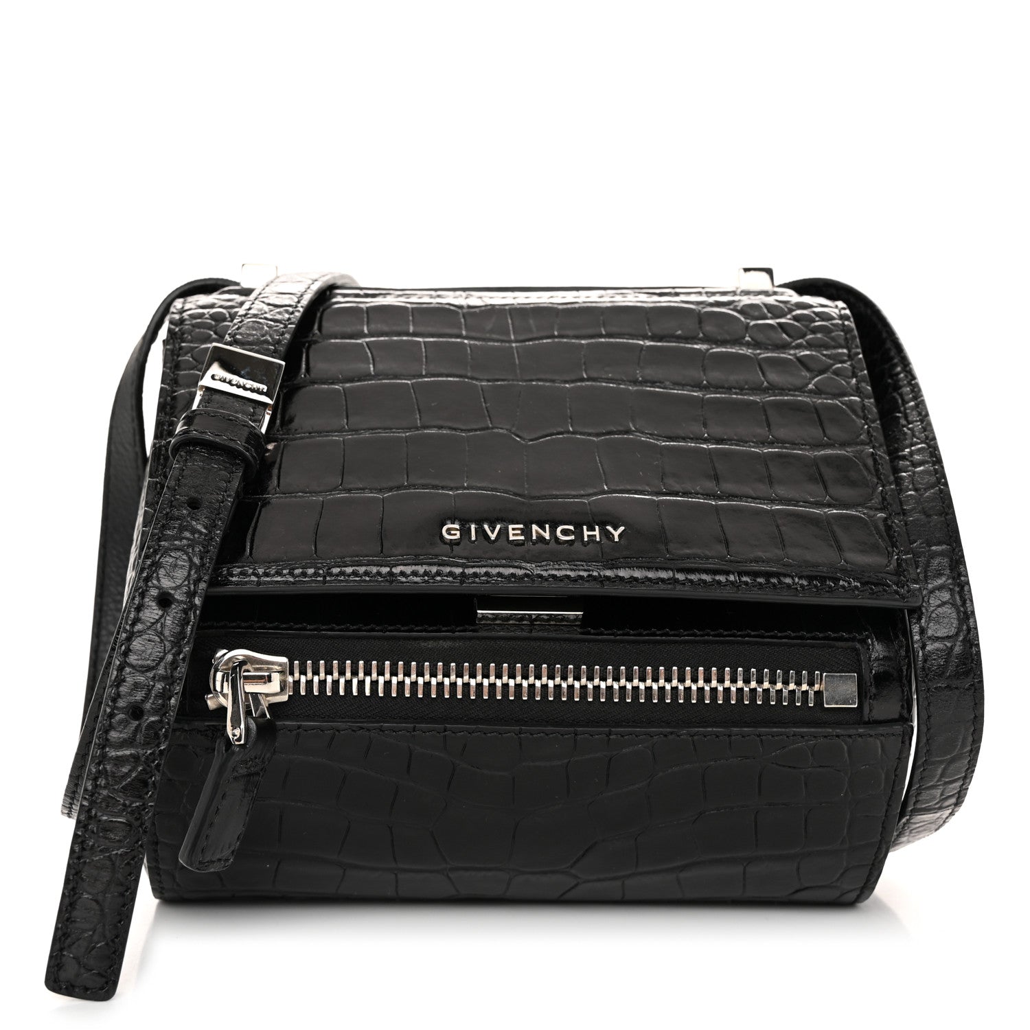 Givenchy Calfskin Crocodile Embossed Mini Pandora Box Crossbody Bag Black 1 of 10