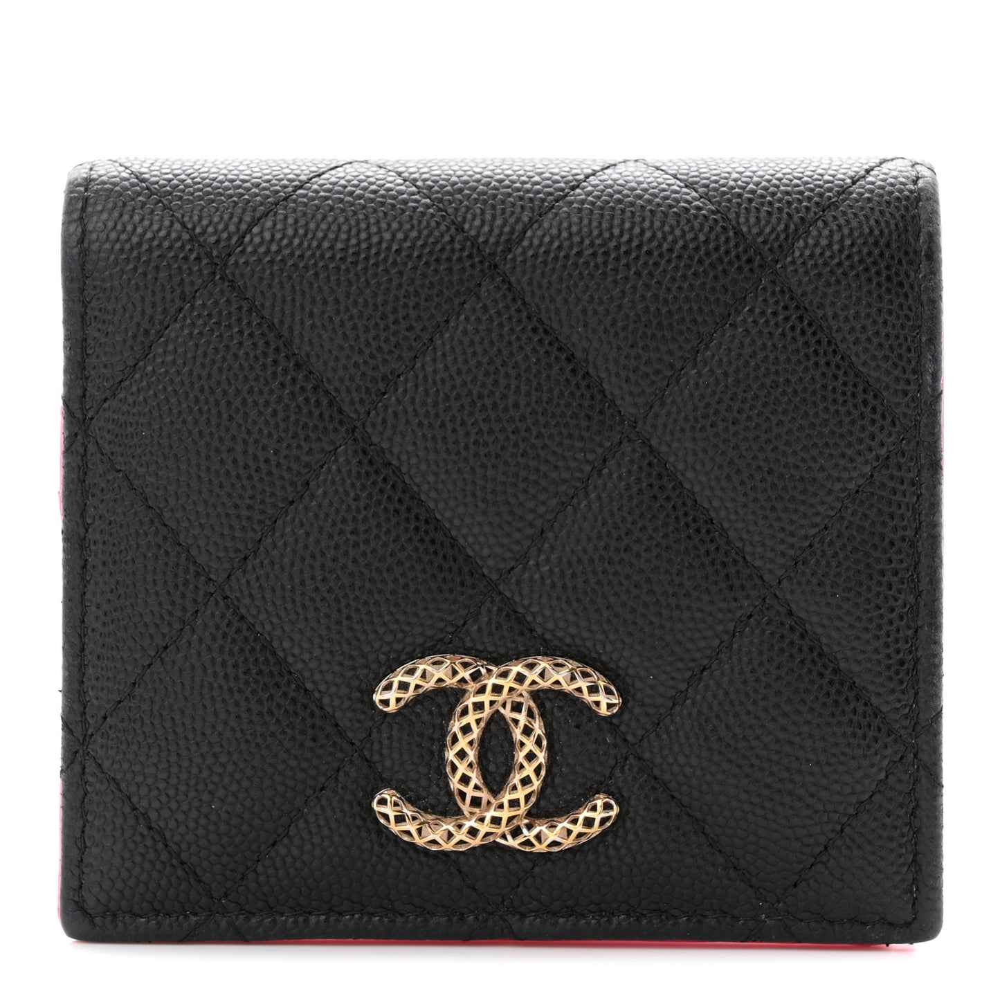 Caviar Metal Perforated Quilted CC Compact Bifold Wallet Black