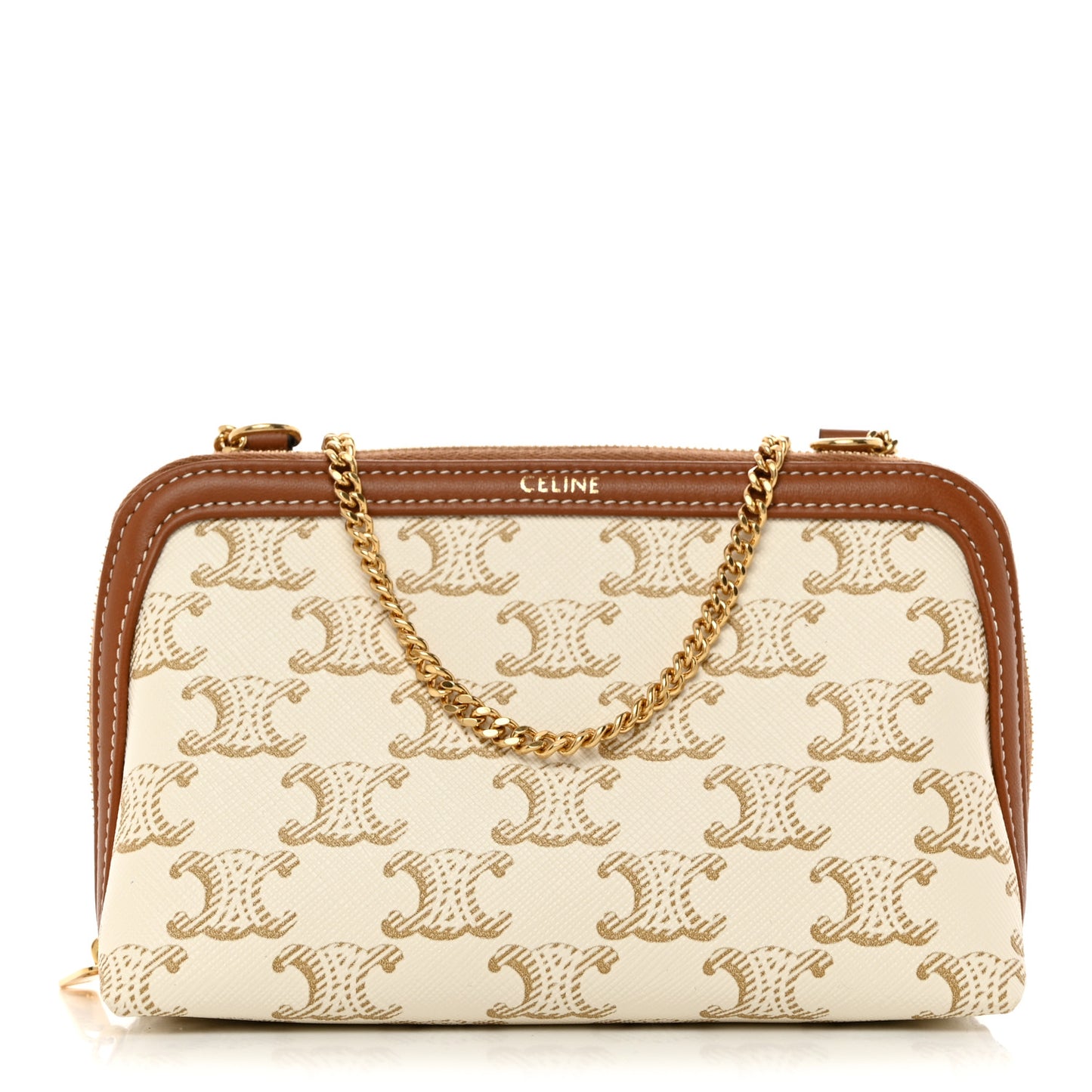 Lambskin Triomphe Canvas Clutch With Chain White Tan