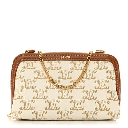 Celine Lambskin Triomphe Canvas Clutch With Chain White Tan 1 of 11
