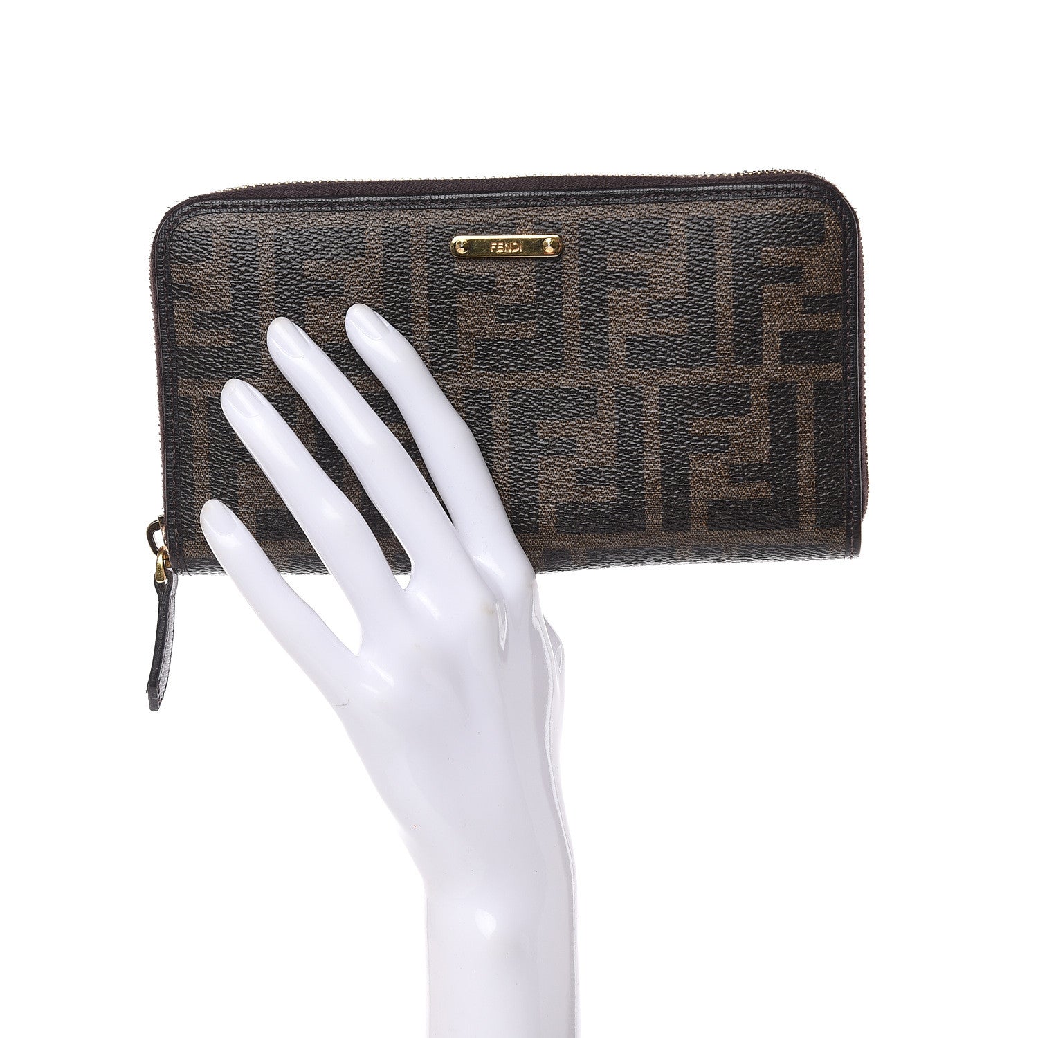 Fendi Zucca Spalmati Vitello Elite Zip Around Wallet Tobacco Ebano 2 of 9