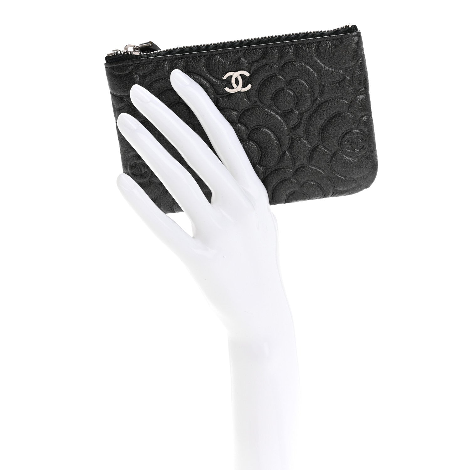 Chanel Goatskin Camellia Embossed Cosmetic Pouch Anthracite 2 of 12