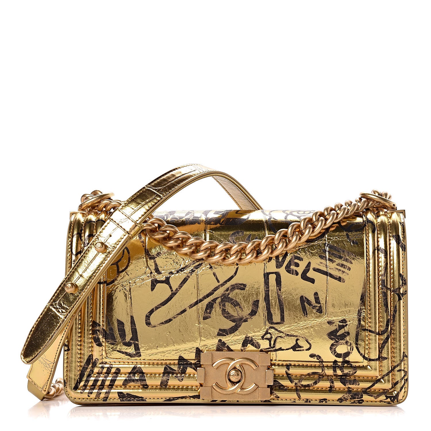 Chanel Metallic Calfskin Crocodile Embossed Graffiti Medium Cocodile Boy Flap Gold 1 of 11