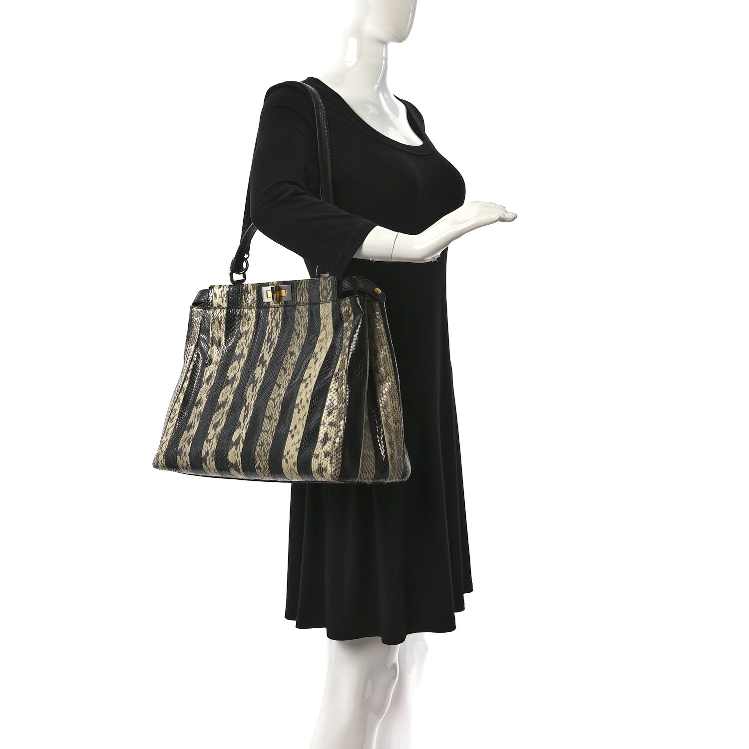 Fendi Snakeskin Striped Large Peekaboo Iconic Satchel Natural Black 3 of 9