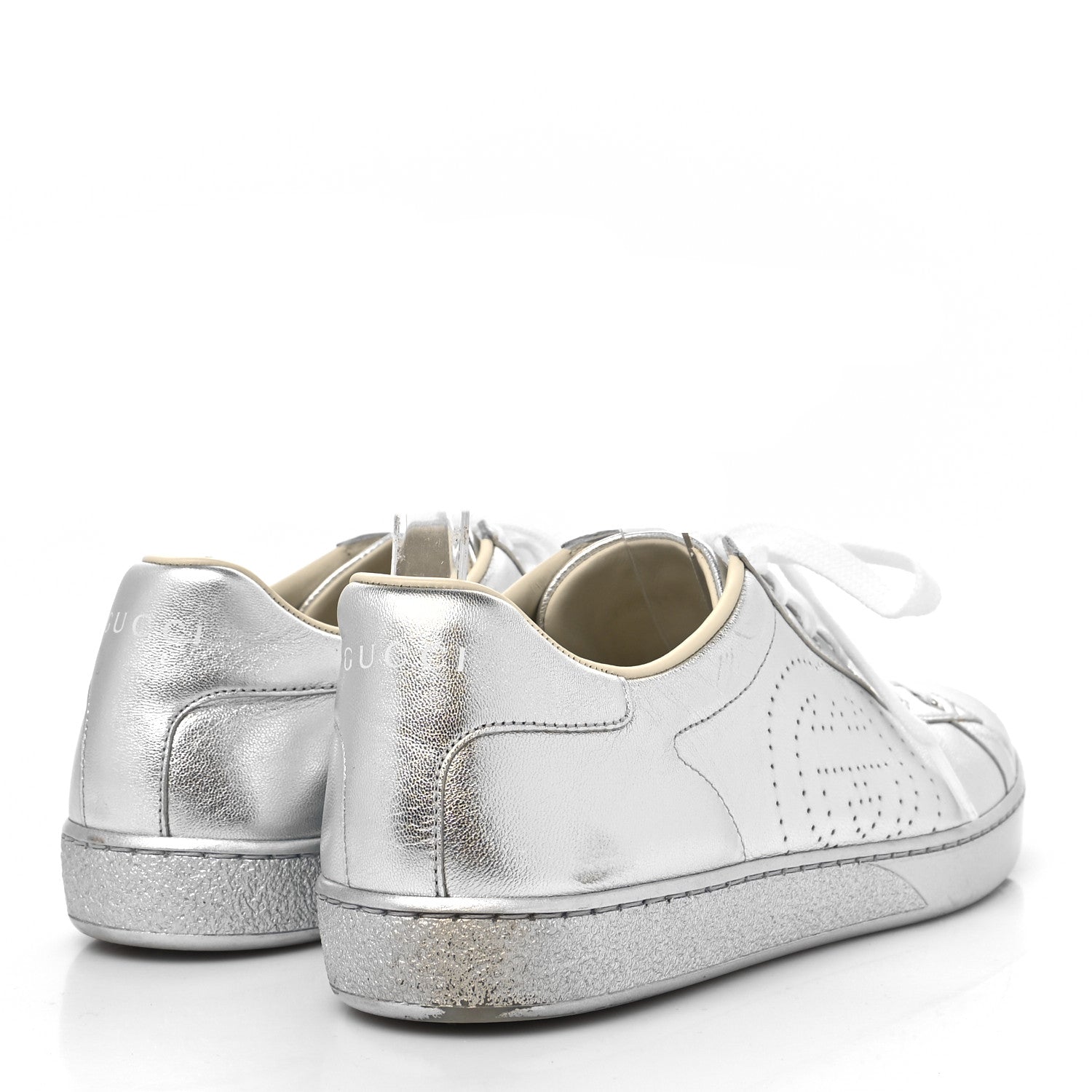 Gucci Metallic Nappa Interlocking G Perforated Womens Ace Sneakers 39.5 Silver 4 of 9