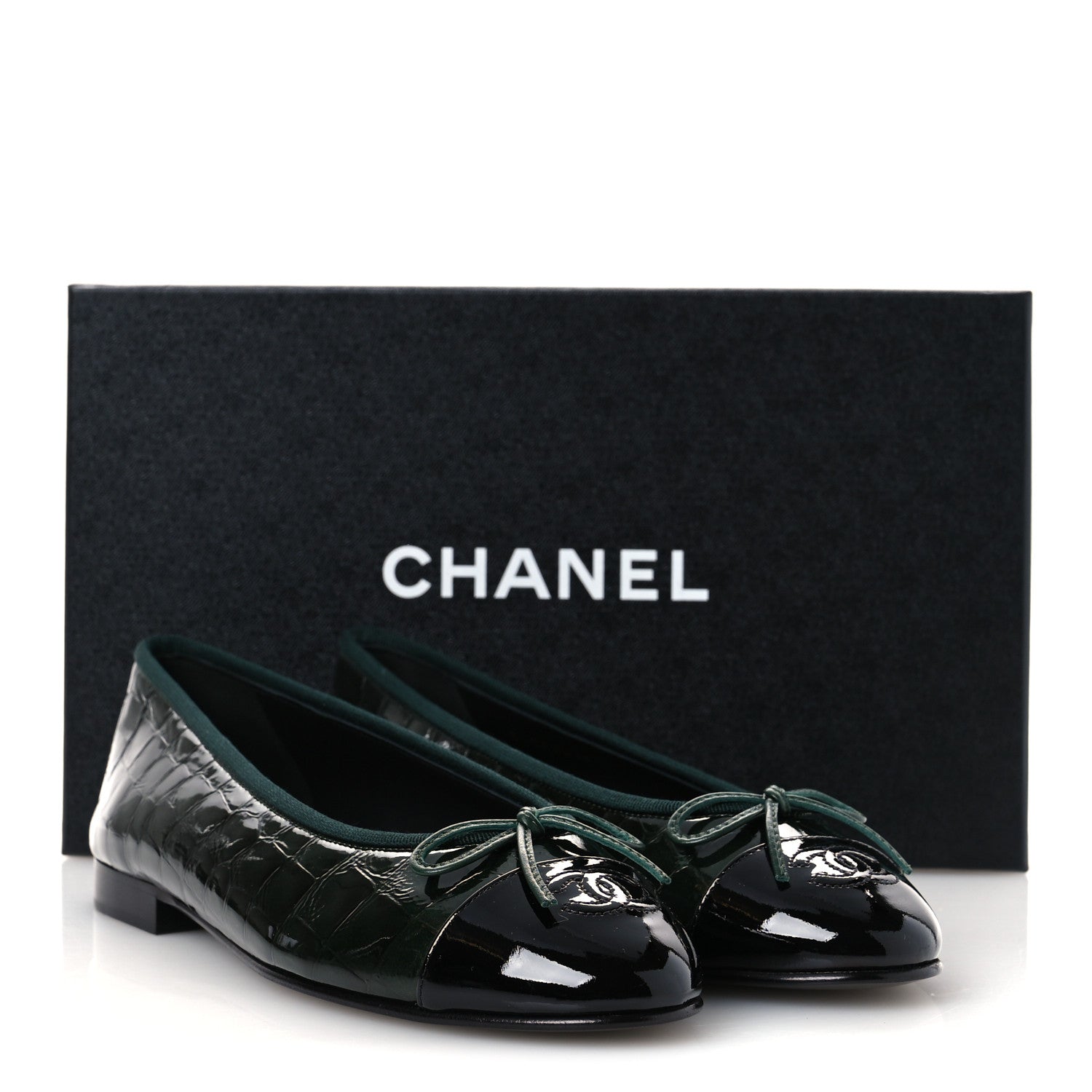 Chanel Crocodile Embossed Patent Calfskin Ballet Flats 38.5 Dark Green Black 11 of 11