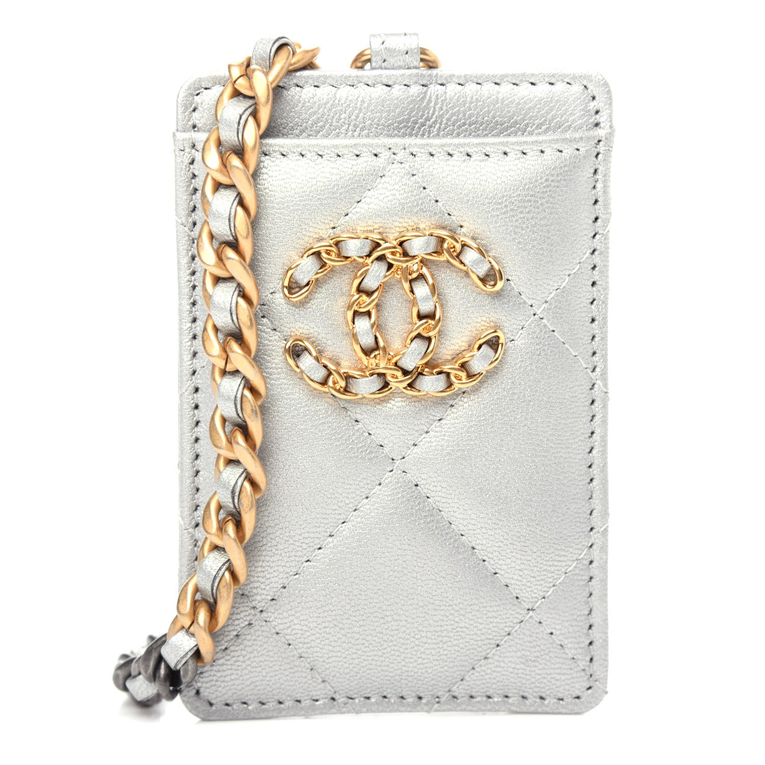 Chanel Metallic Goatskin Quilted Chanel 19 Card Holder On Chain Silver 1 of 10