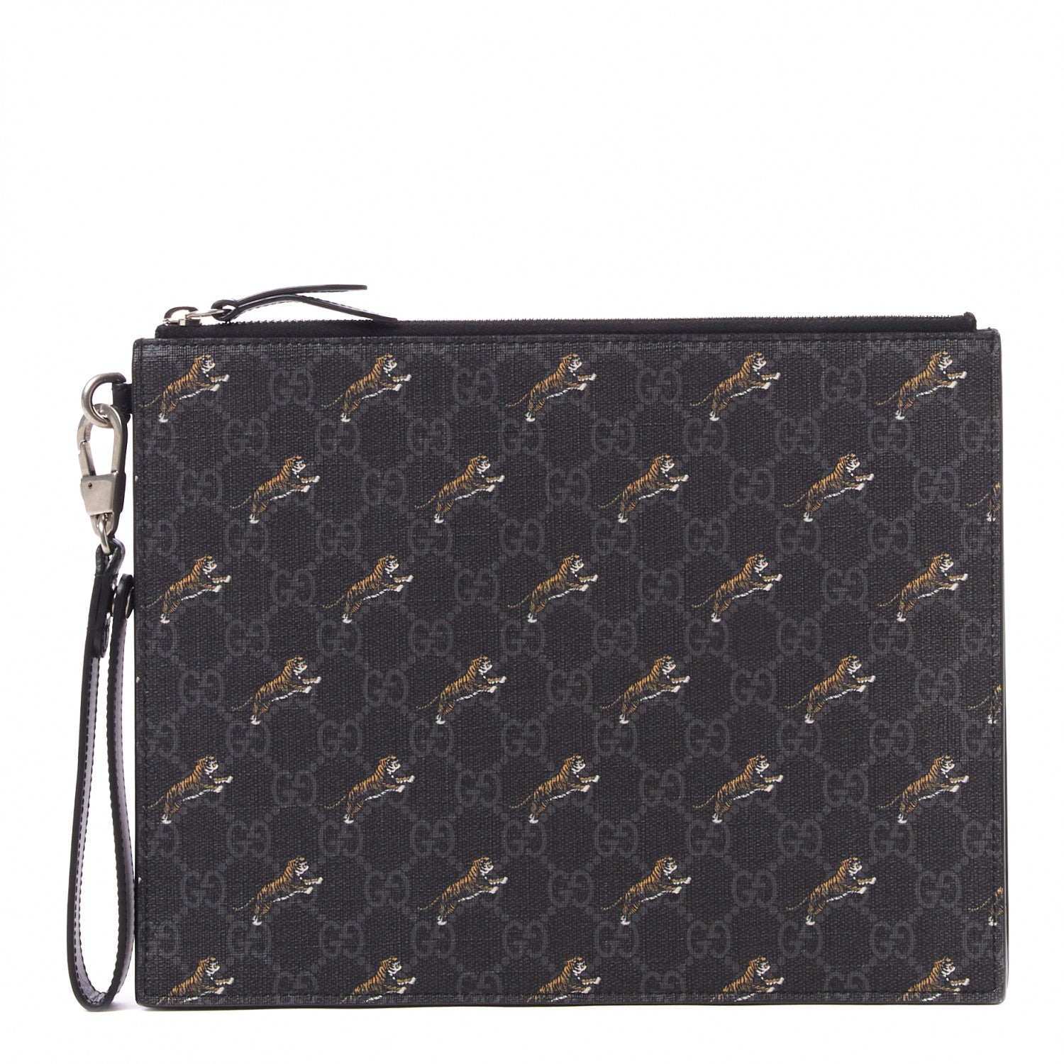 Gucci GG Supreme Monogram Tigers Zip Wristlet Pouch Black 1 of 8