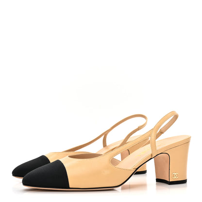 Chanel Goatskin Grosgrain Cap Toe CC Slingback Pumps 40 Beige Black 3 of 12