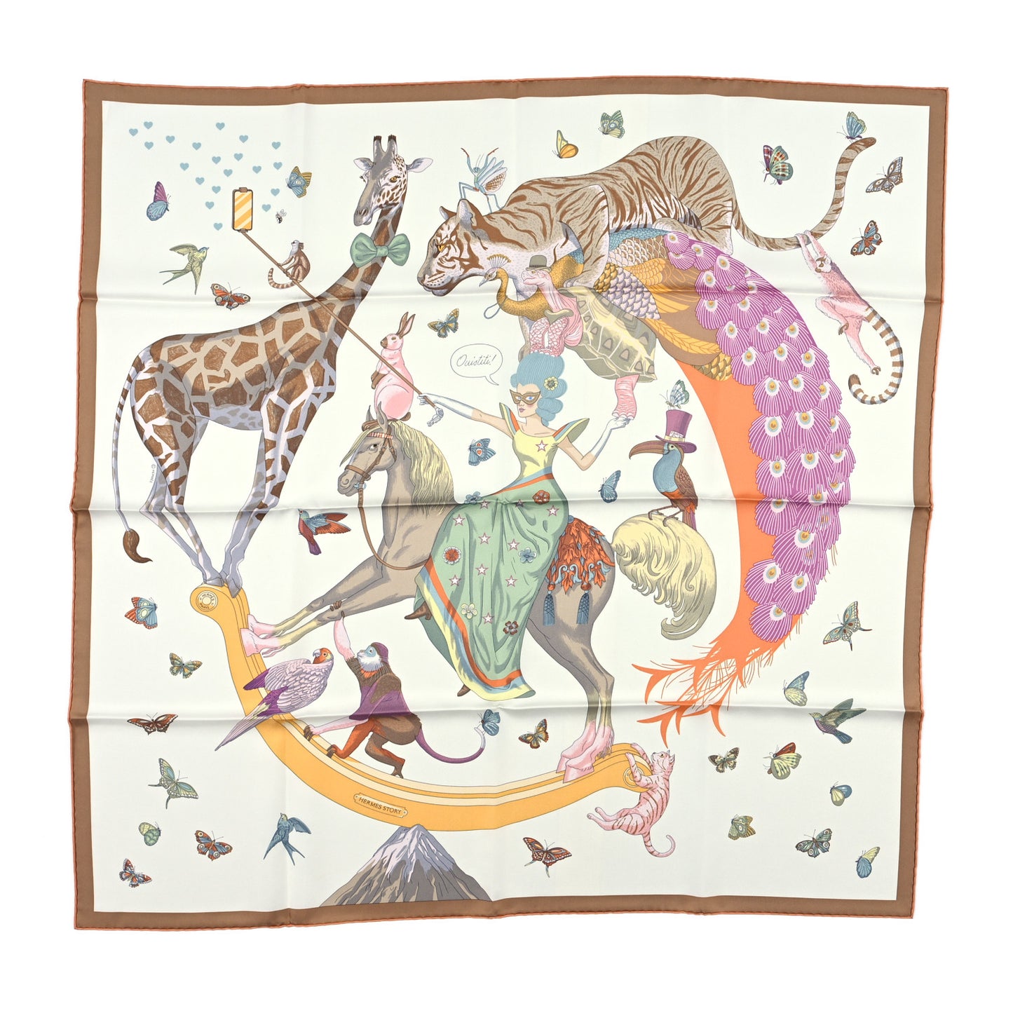 Silk Hermes Story Scarf 90 White Beige Multicolor