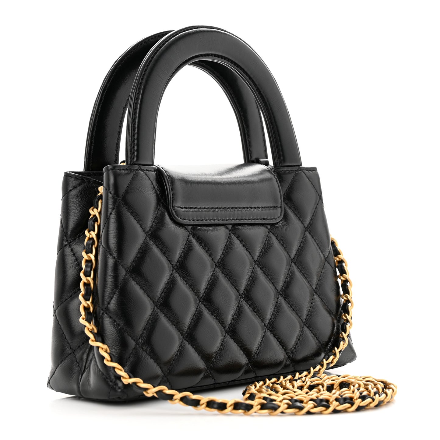 Shiny Aged Calfskin Quilted Nano Kelly Shopper Black