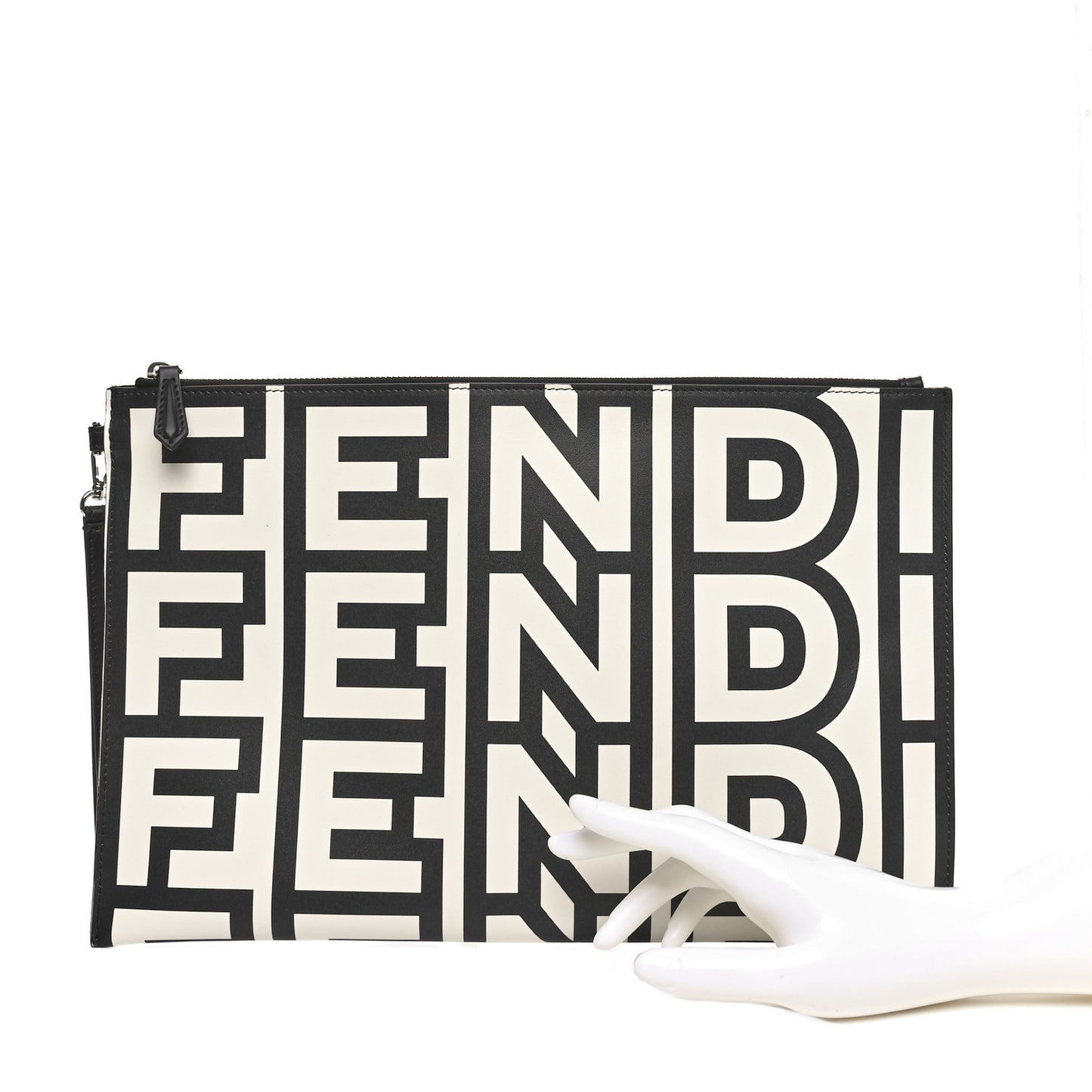 X MARC JACOBS Nappa Vitello King Logo Print Large Flat Pouch Black White