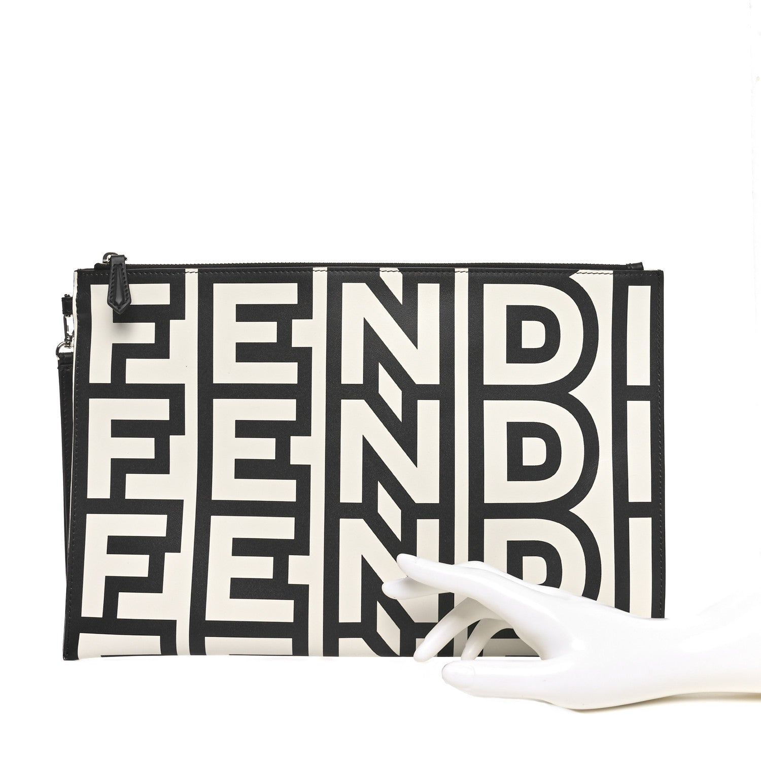 Fendi X MARC JACOBS Nappa Vitello King Logo Print Large Flat Pouch Black White 2 of 8