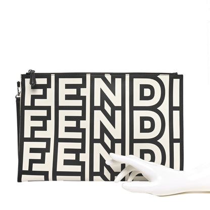 Fendi X MARC JACOBS Nappa Vitello King Logo Print Large Flat Pouch Black White 2 of 8