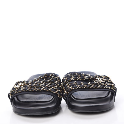 Chanel Satin Canvas Chain Flat Sandals 37 Marine 2 of 12