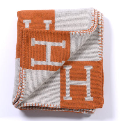 Hermes Wool Cashmere Signature Classic Avalon Blanket Ecru Potiron 2 of 3