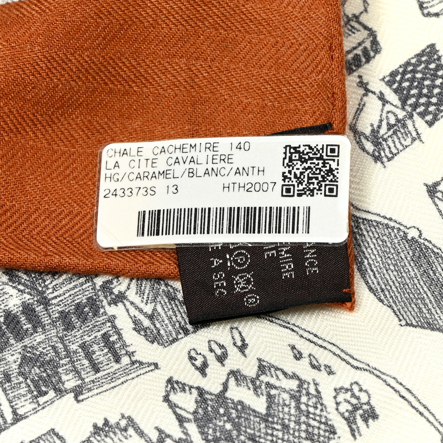 Hermes Cashmere Silk La Cite Cavaliere Shawl 140 Caramel White Anthracite 3 of 3