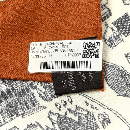 Hermes Cashmere Silk La Cite Cavaliere Shawl 140 Caramel White Anthracite 3 of 3