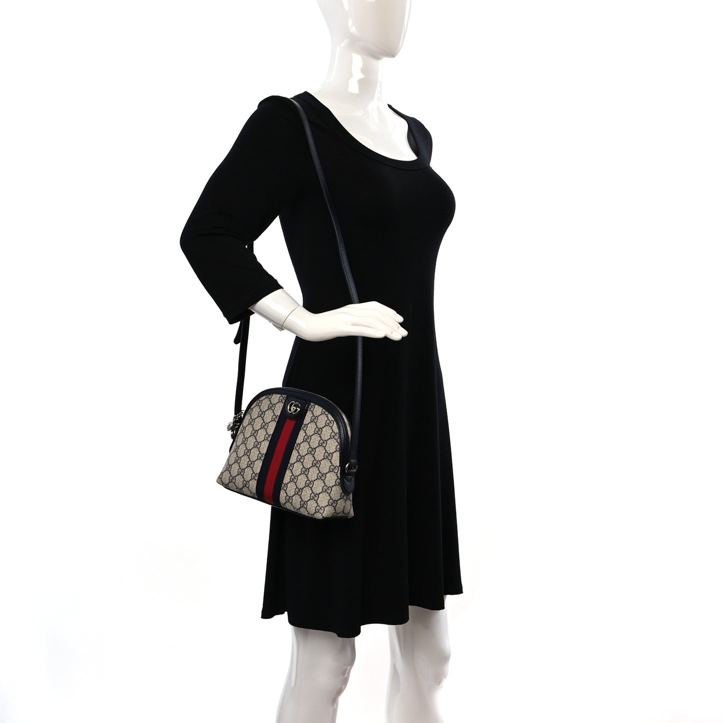 GG Supreme Monogram Textured Dollar Calfskin Web Small Ophidia Dome Shoulder Bag Beige Blue