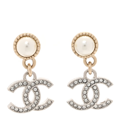 Chanel Crystal Pearl CC Drop Earrings Silver Pearly White 1 of 5