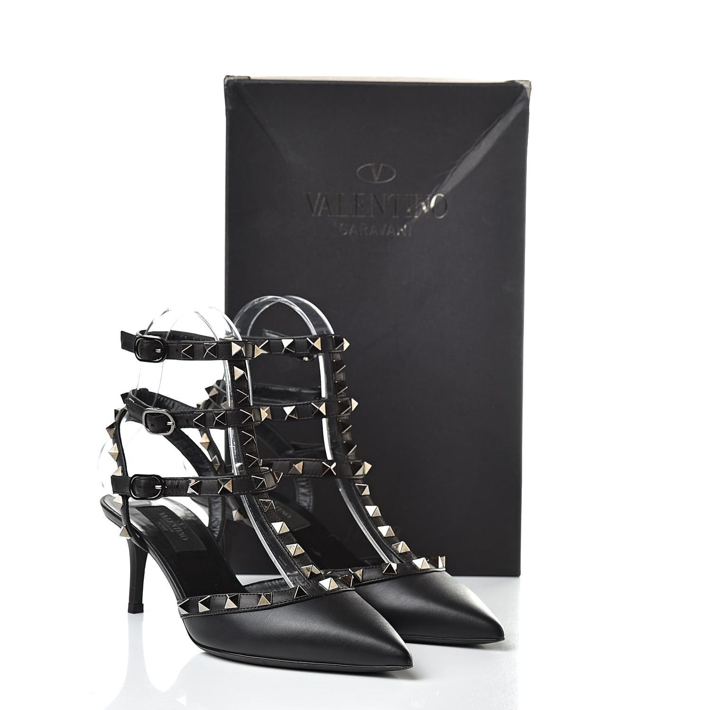 Nappa Rockstud Ankle Strap Low Heel Pumps 35.5 Black
