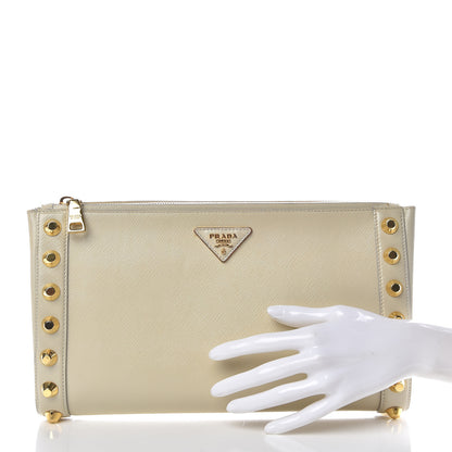 Prada Saffiano Vernice Studded Clutch Talco 2 of 10