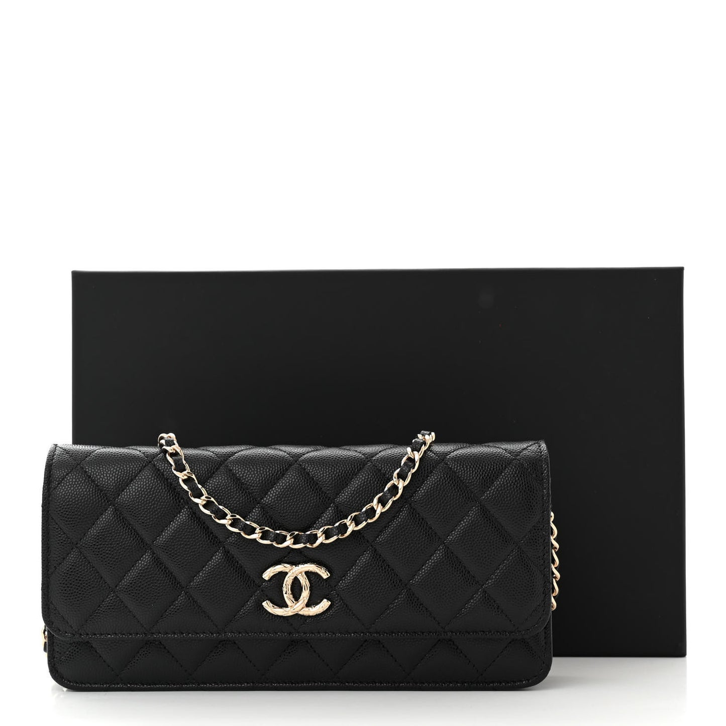 Caviar Quilted Long Clutch With Chain Black