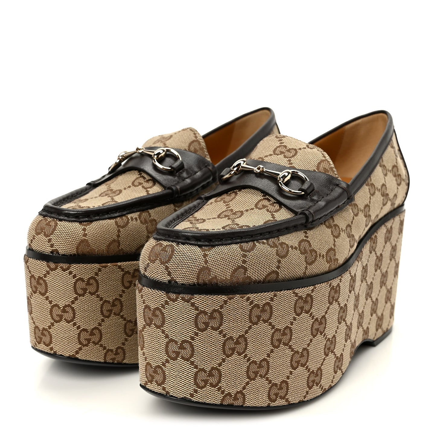 Canvas GG Monogram Horsebit Calfskin Womens Horsebit Platform Loafers 39.5 Beige Ebony Cocoa