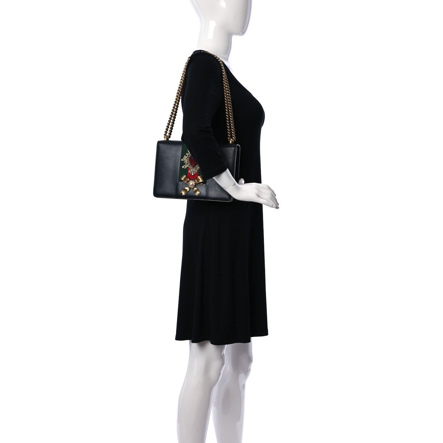 Gucci Calfskin Web Medium Peony Chain Shoulder Bag Black 2 of 11