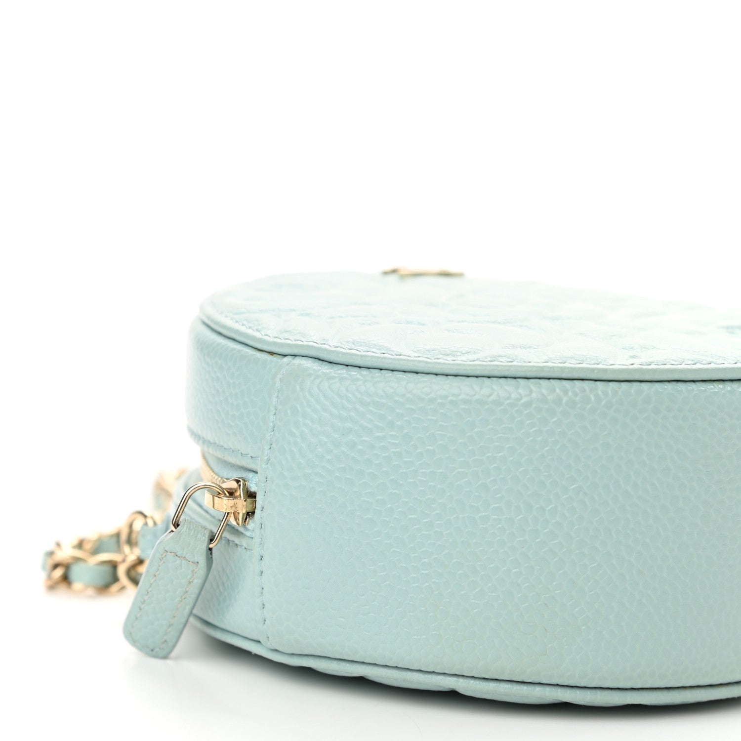 Chanel Caviar Camellia Embossed Round Clutch With Chain Light Blue 9 of 11