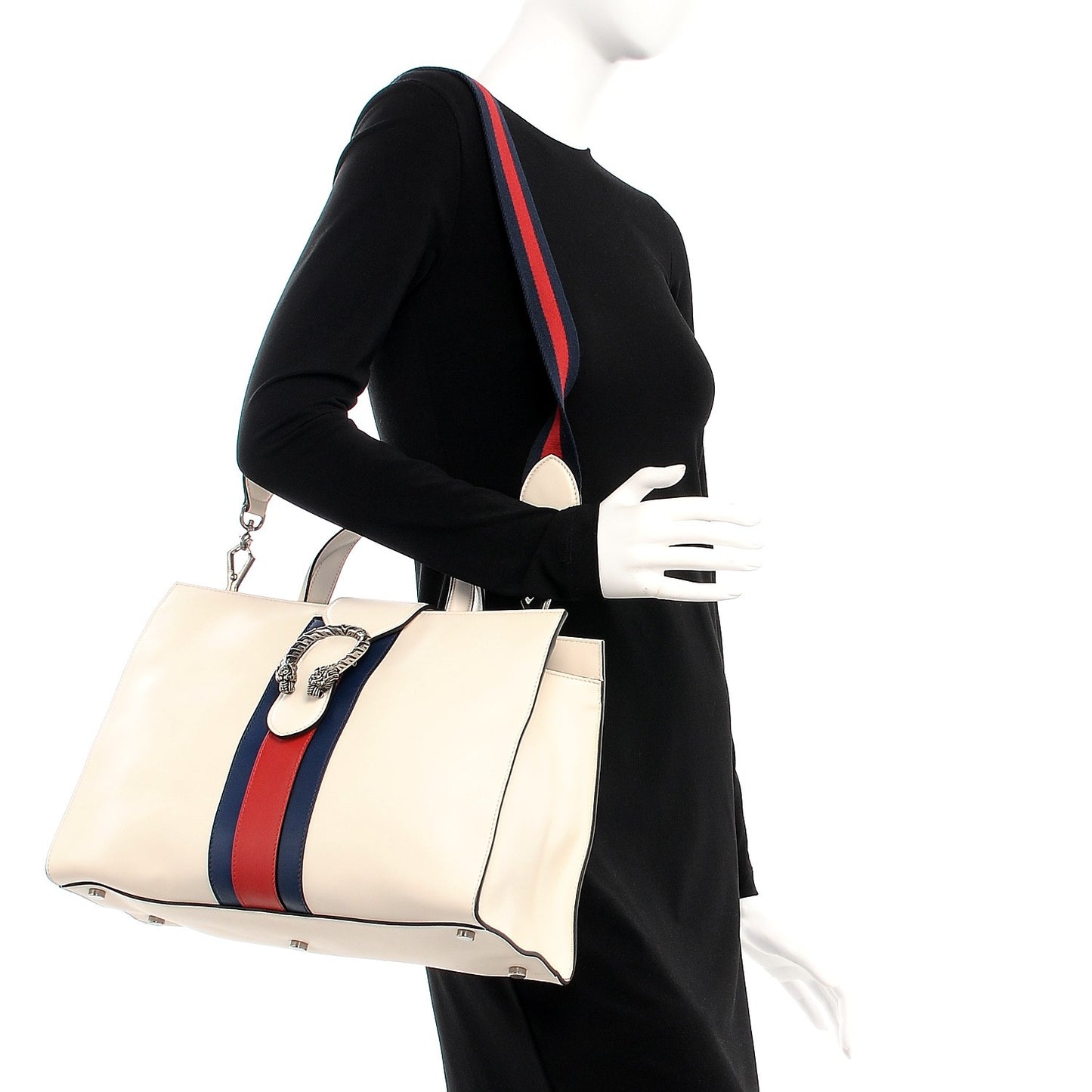 Calfskin Web Stripe Large Dionysus Tote Bag White