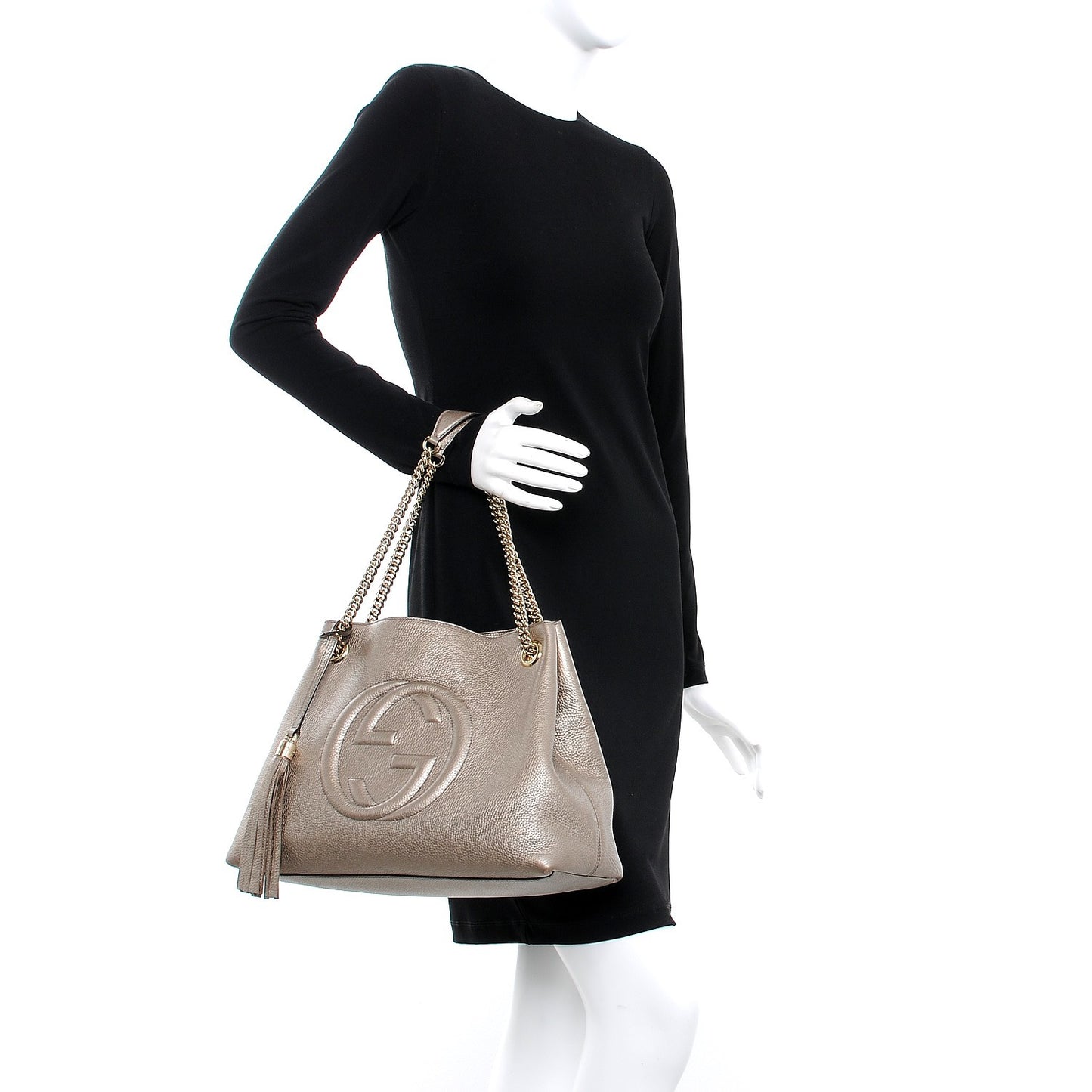 Metallic Pebbled Calfskin Medium Soho Chain Shoulder Bag Golden Beige