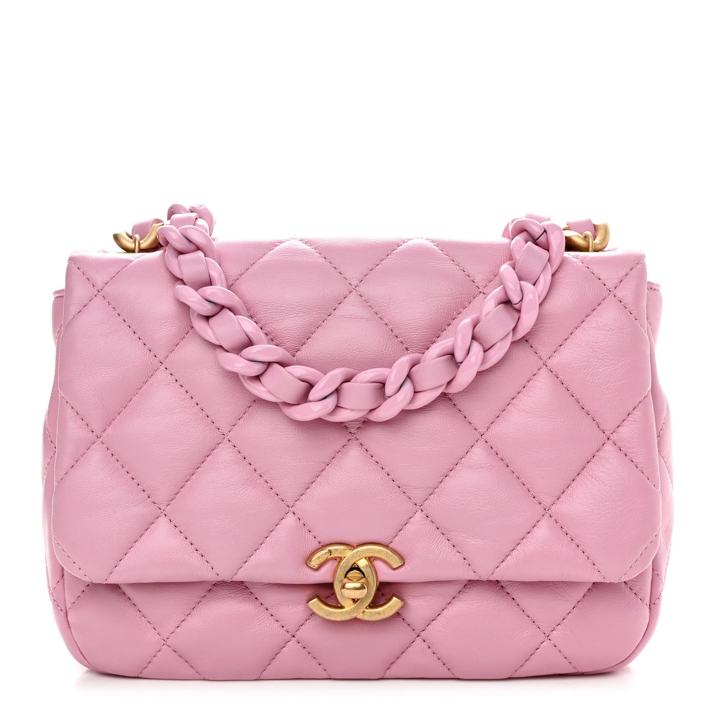 Lambskin Quilted Small Lacquered Chain Flap Pink
