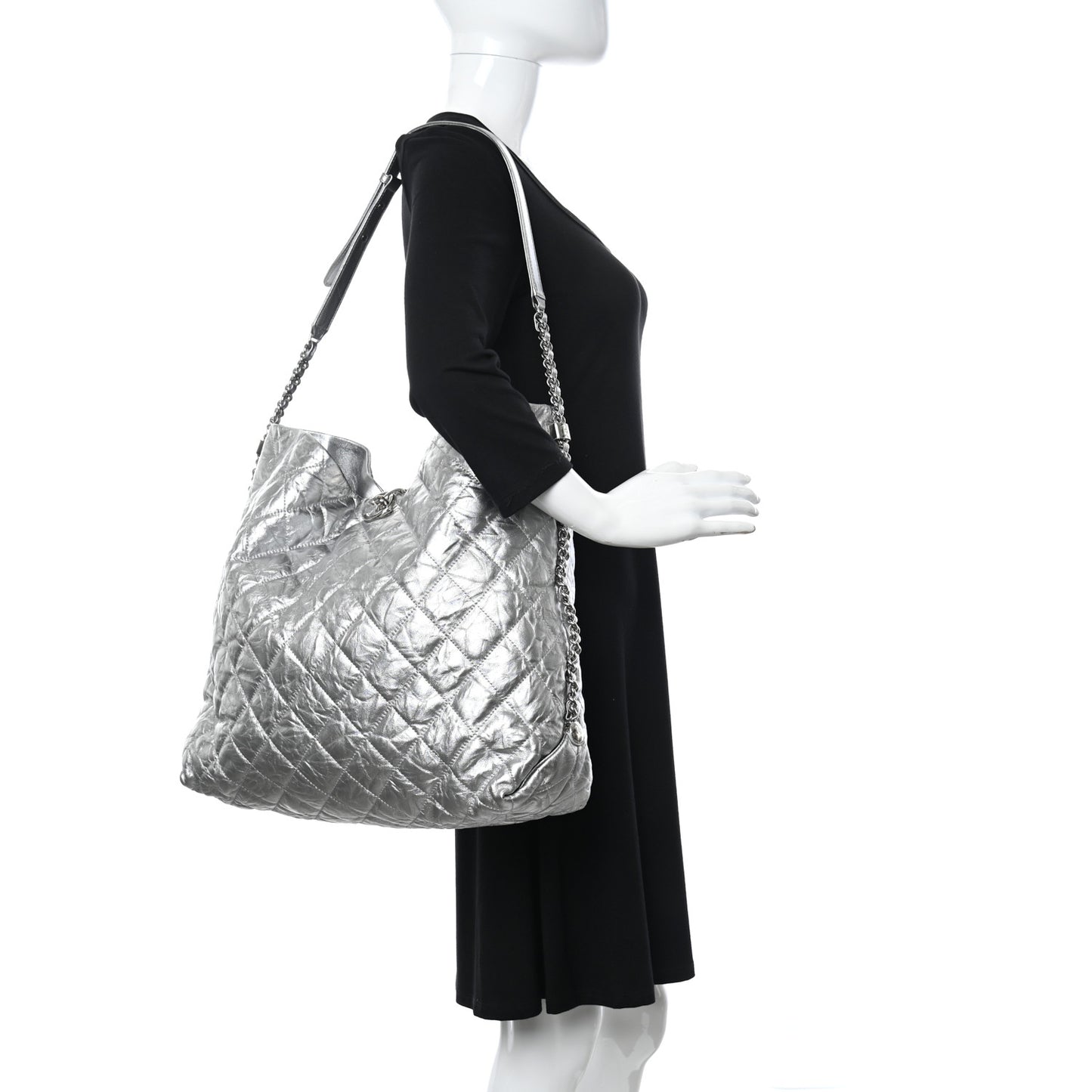 Metallic Crackled Calfskin Quilted Large Big Bang Hobo Silver