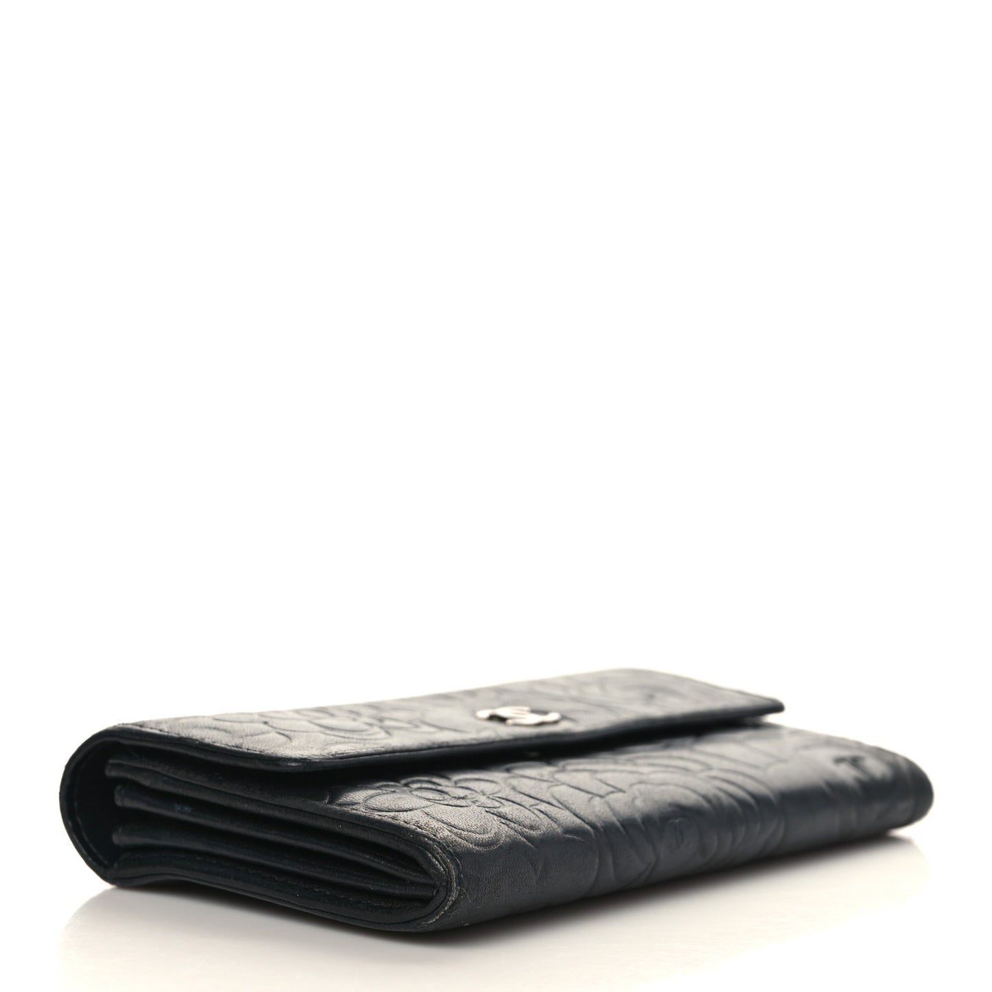 Lambskin Camellia Embossed Large Flap Wallet Black