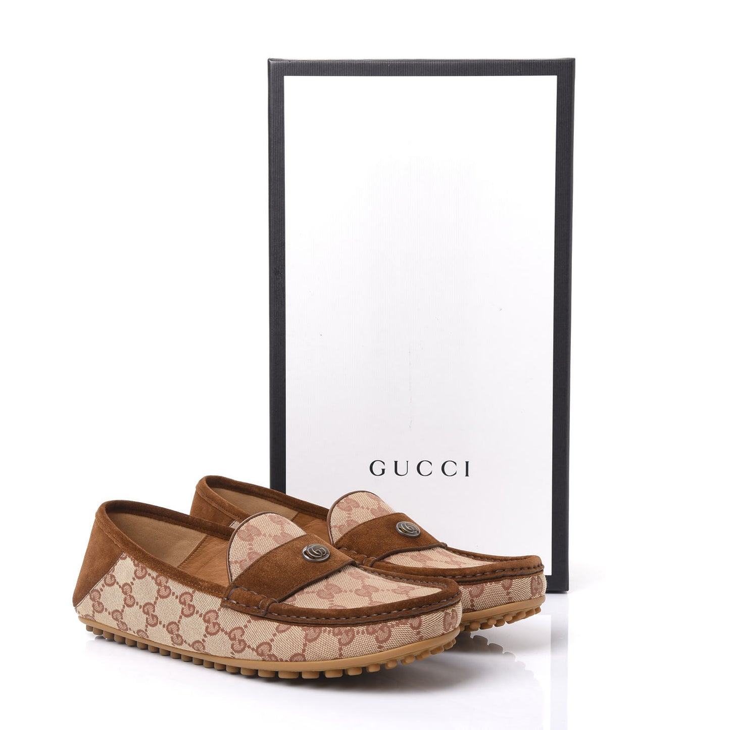 GG Monogram Suede Mens Driver Loafers 8 Beige Ruggine Cuir