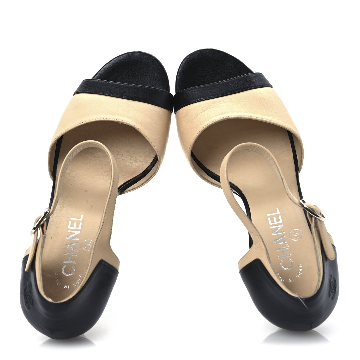 Chanel Lambskin Peep Toe Sandals 39 Beige Black 2 of 15