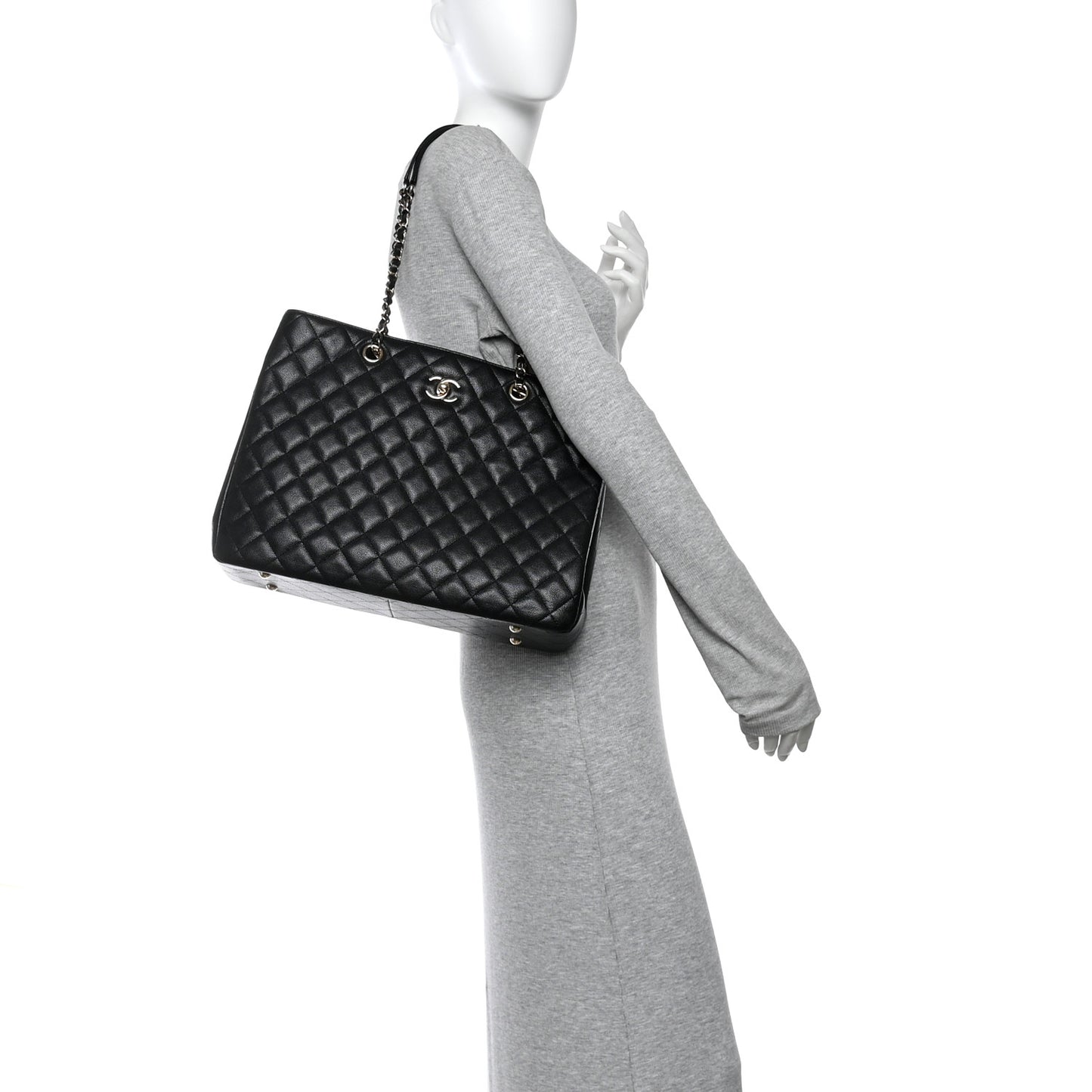 Caviar Quilted Large Shopping Tote Black