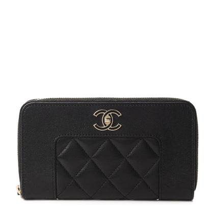 Chanel Sheepskin Quilted Mademoiselle Vintage Zip Around Wallet Black 1 of 8