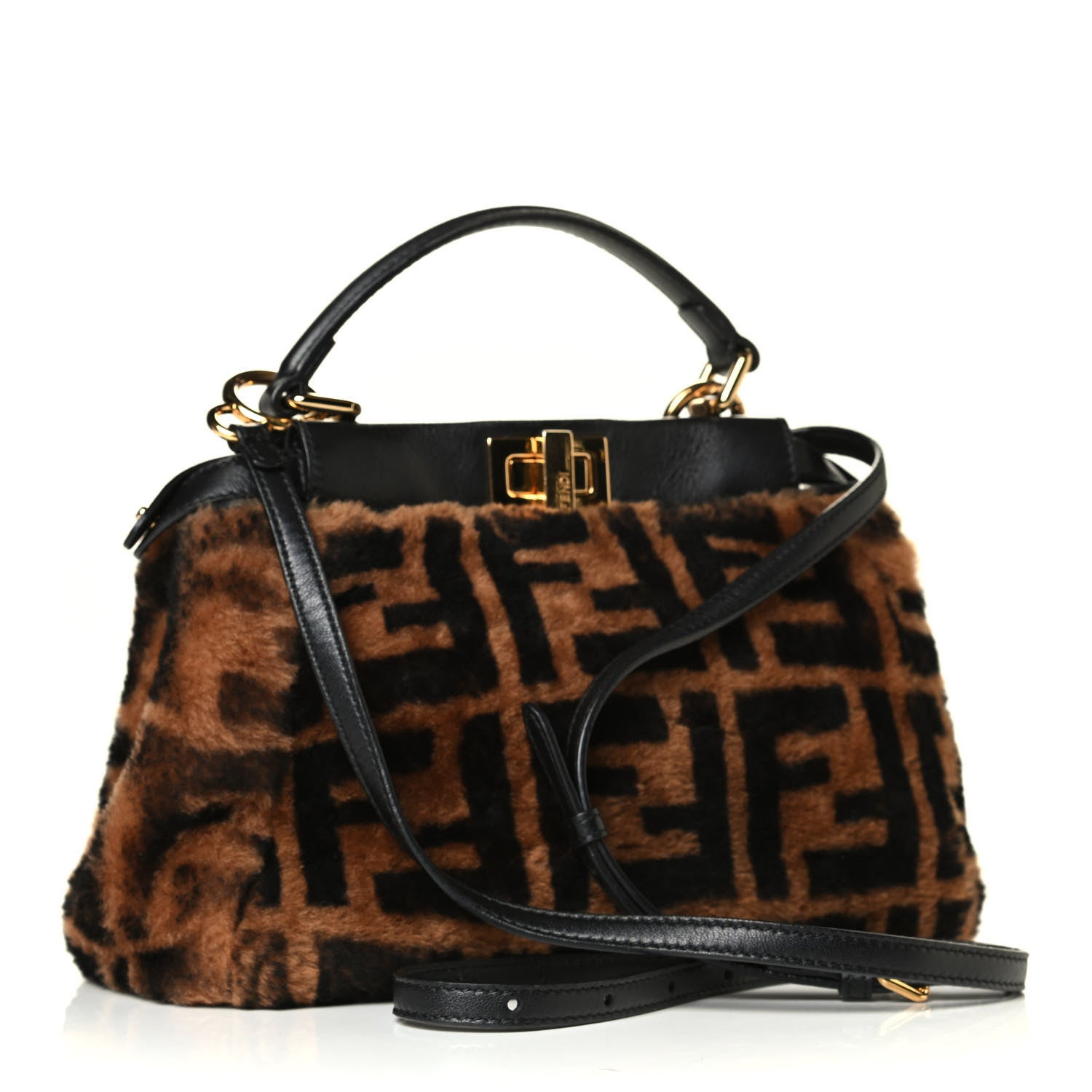 Fendi Shearling Nappa Macro FF 1974 Mini Peekaboo Iconic Satchel Tobacco Black 2 of 7