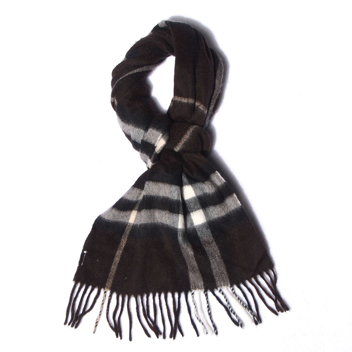 Cashmere Giant Check Fringe Scarf Dark Brown Black