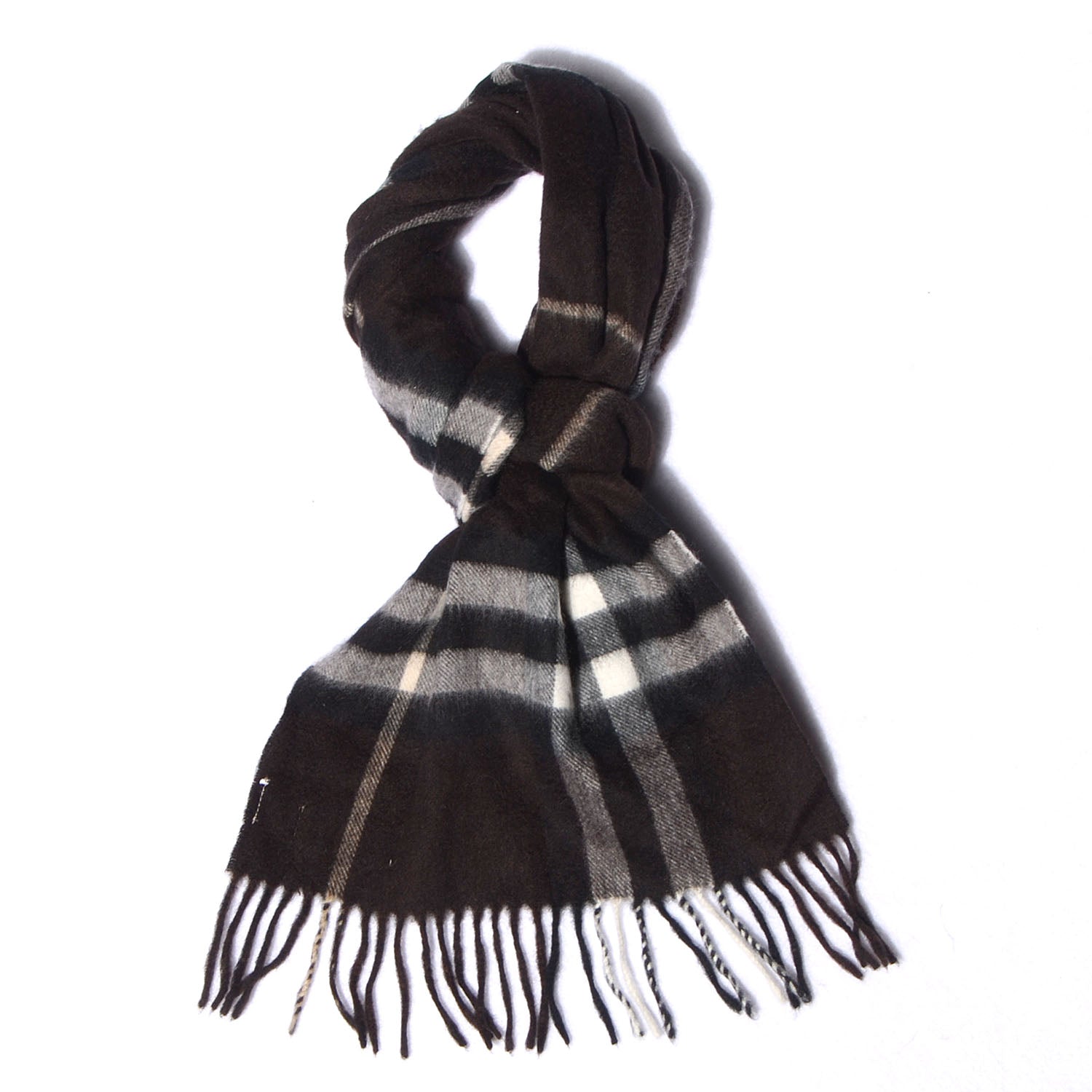 Burberry Cashmere Giant Check Fringe Scarf Dark Brown Black 1 of 5