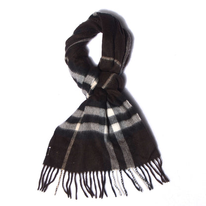 Burberry Cashmere Giant Check Fringe Scarf Dark Brown Black 1 of 5