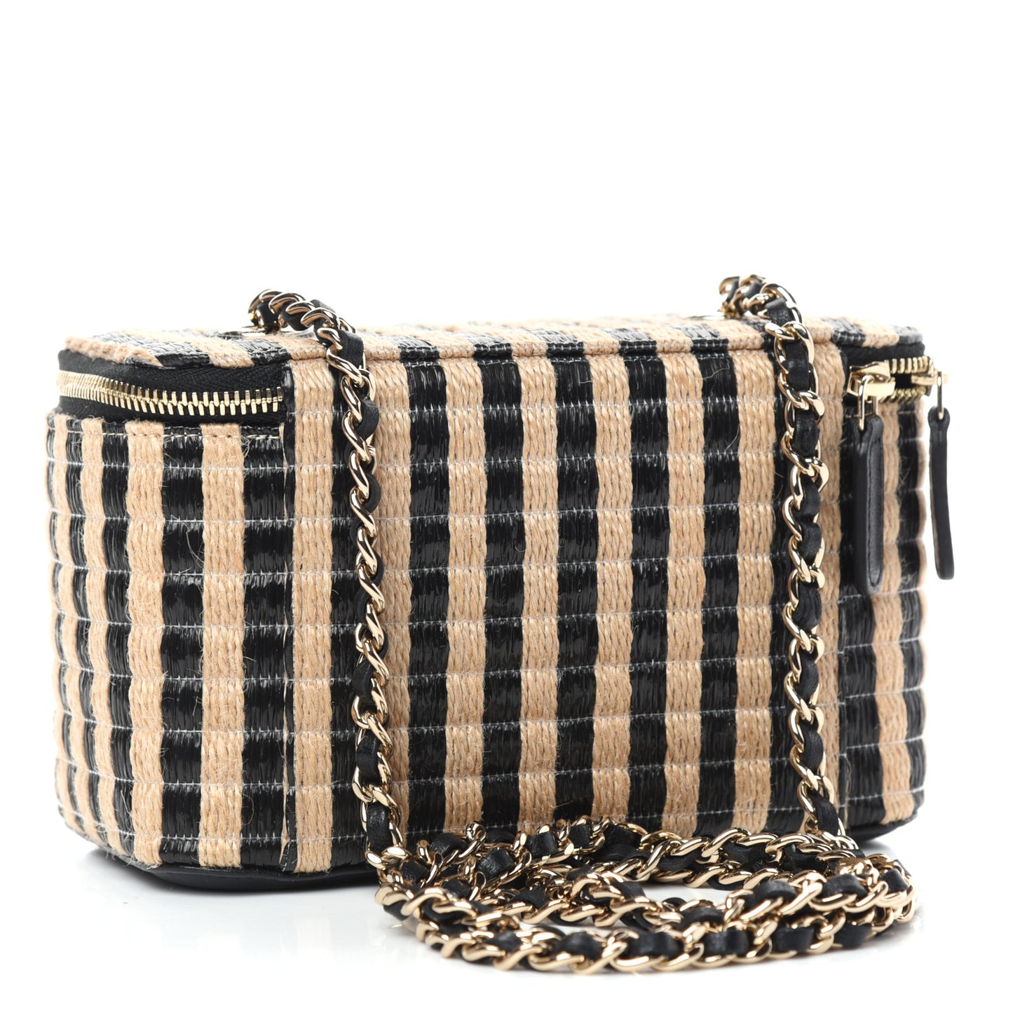 Raffia Jute Striped Small Vanity Case With Chain Black Beige