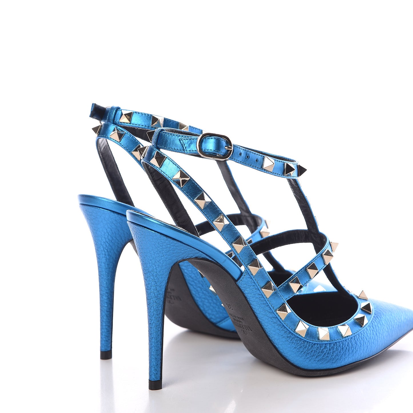 Metallic Pebbled Calfskin Rockstud Ankle Strap Pumps 38 Light Blue