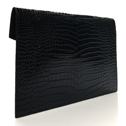 Saint Laurent Calfskin Crocodile Embossed Uptown Monogram Pouch Black 3 of 10