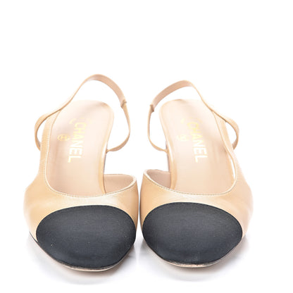 Chanel Goatskin Grosgrain Cap Toe CC Slingback Pumps 39 Beige Black 2 of 7
